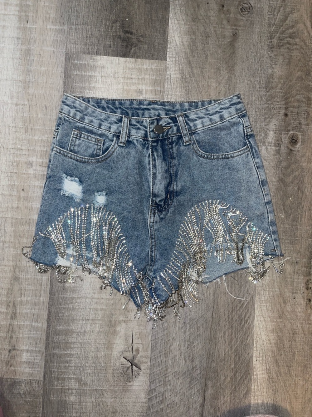 Windsor Distressed Light Wash Denim Shorts with Rhinestone Fringe